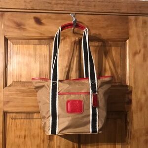 Vintage 90s Bongo Boat Tote Spring Summer Bag Tan with Red Accents